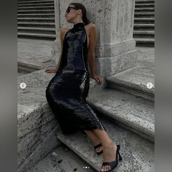 ZARA NEW WOMAN MIDI HALTER NECK KNIT DRESS WITH SEQUINS BLACK S - Picture 6 of 10